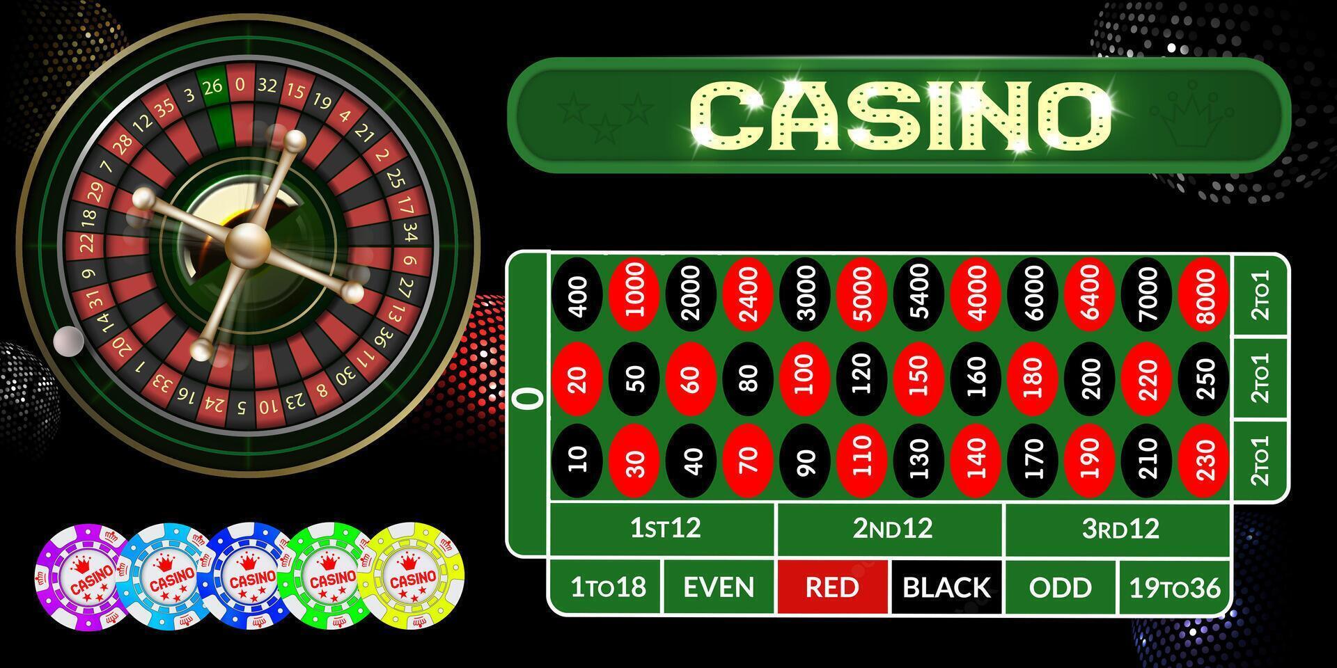 Roulette table with various gambling and casino elements. vector