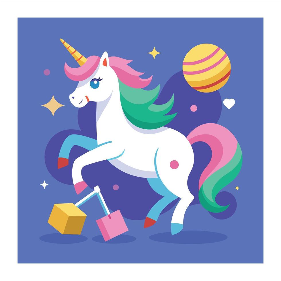 A cartoon unicorn with a box and a planet vector