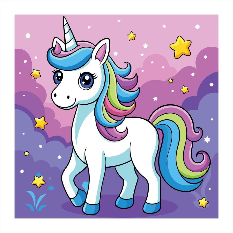 A cartoon unicorn with rainbow mane and stars vector