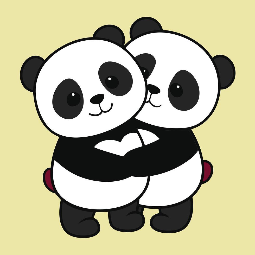 Two panda bears hugging each other on a yellow background vector