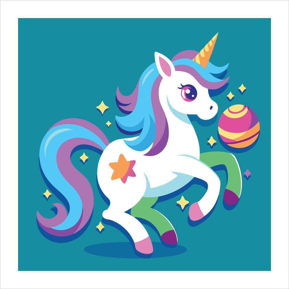 A cartoon unicorn with a ball in its mouth vector