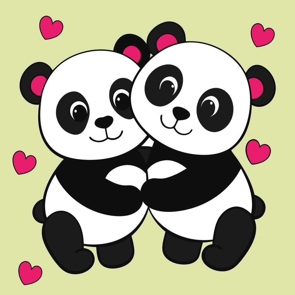 Two panda bears hugging each other with hearts around them vector