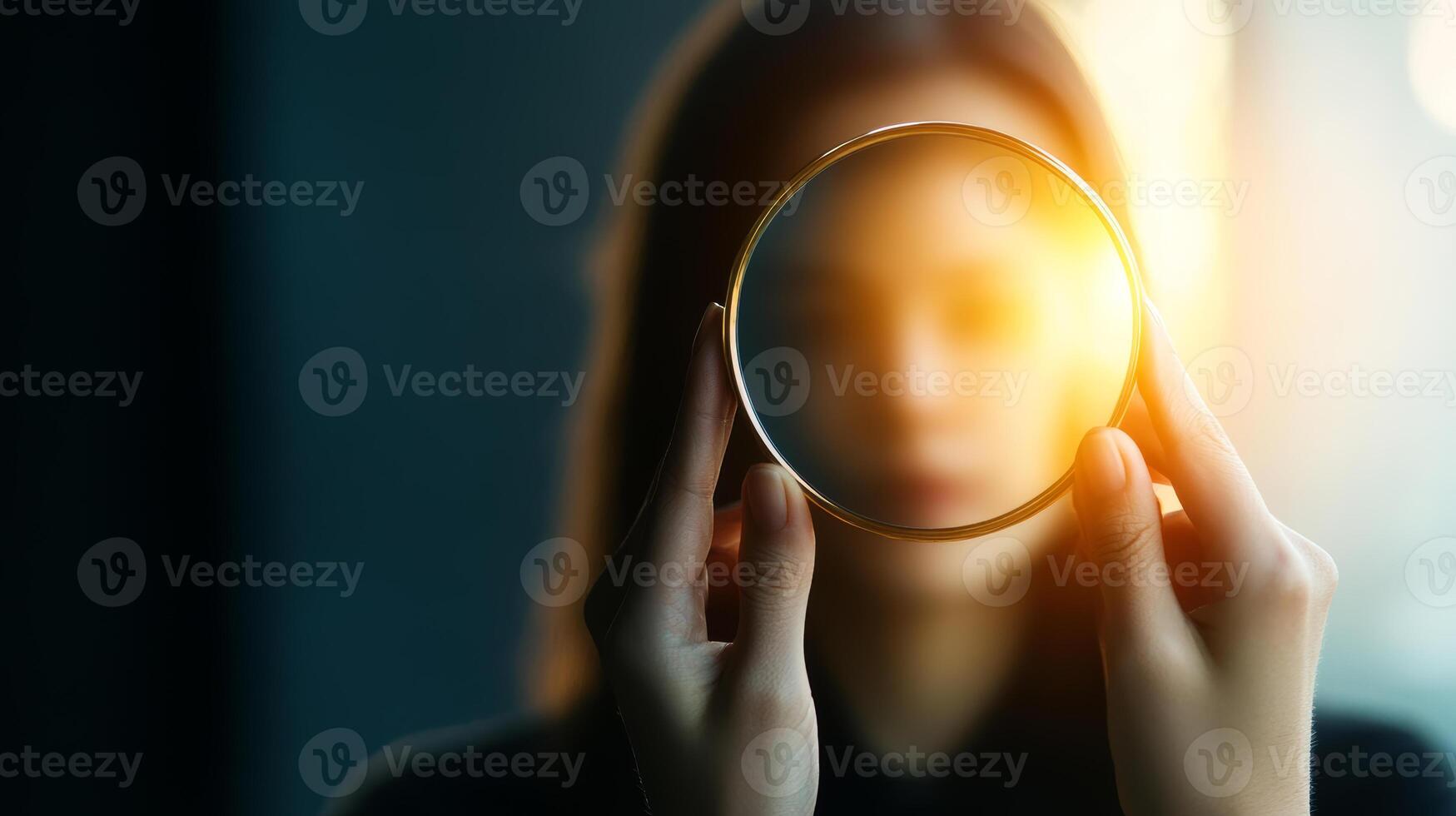 Woman holds magnifying glass reflecting sunlight in a dimly lit room, creating an intriguing visual effect photo