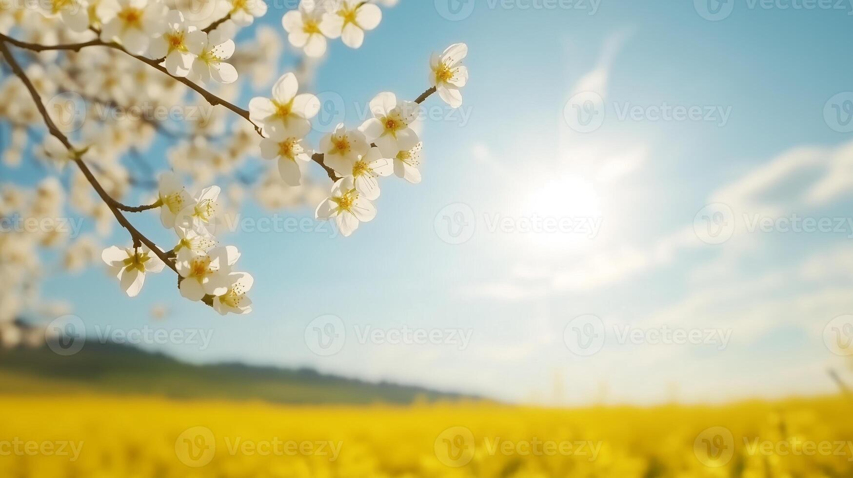 Bright spring day with blossoming flowers under a clear blue sky in a vibrant field photo