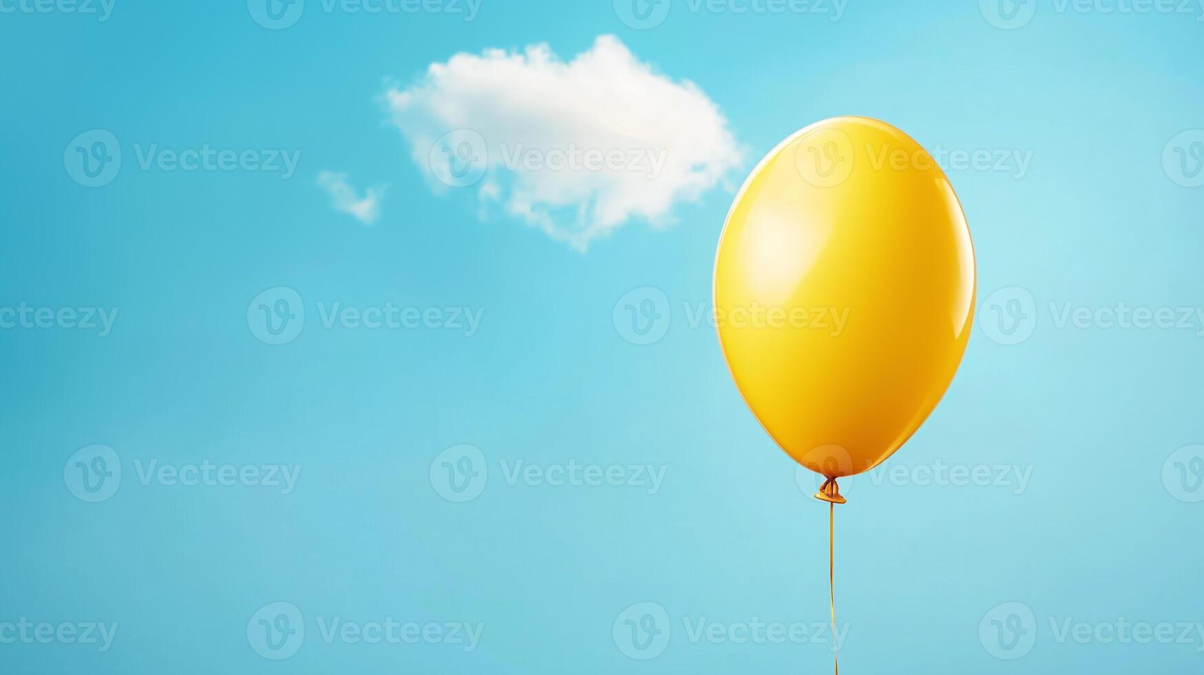 Bright yellow balloon floats against a clear blue sky with a single white cloud photo