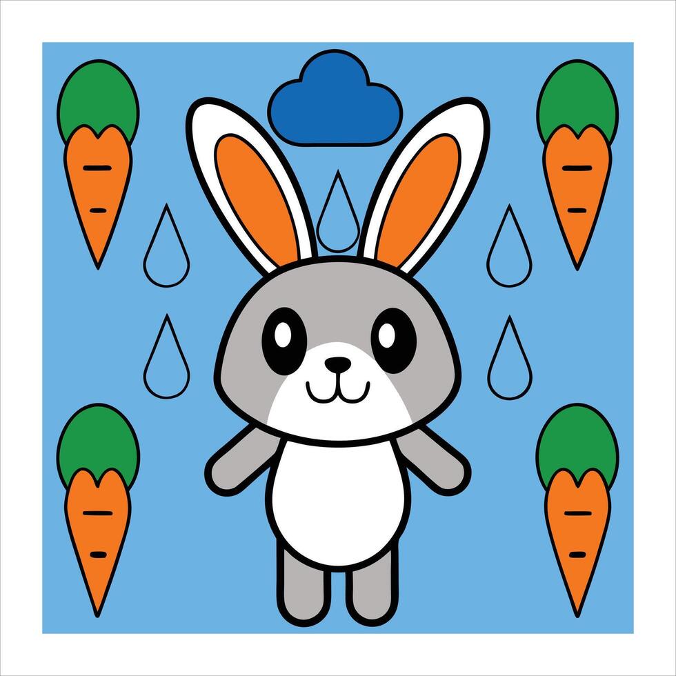 A cartoon rabbit with carrots and raindrops vector