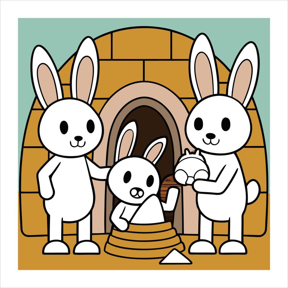 Bunny family with eggs and a baby in a hut vector