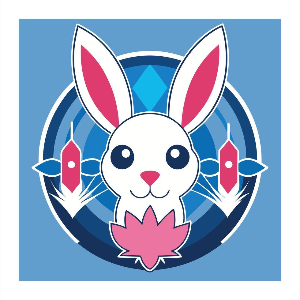 A cartoon rabbit with pink flowers in the center of a blue circle vector