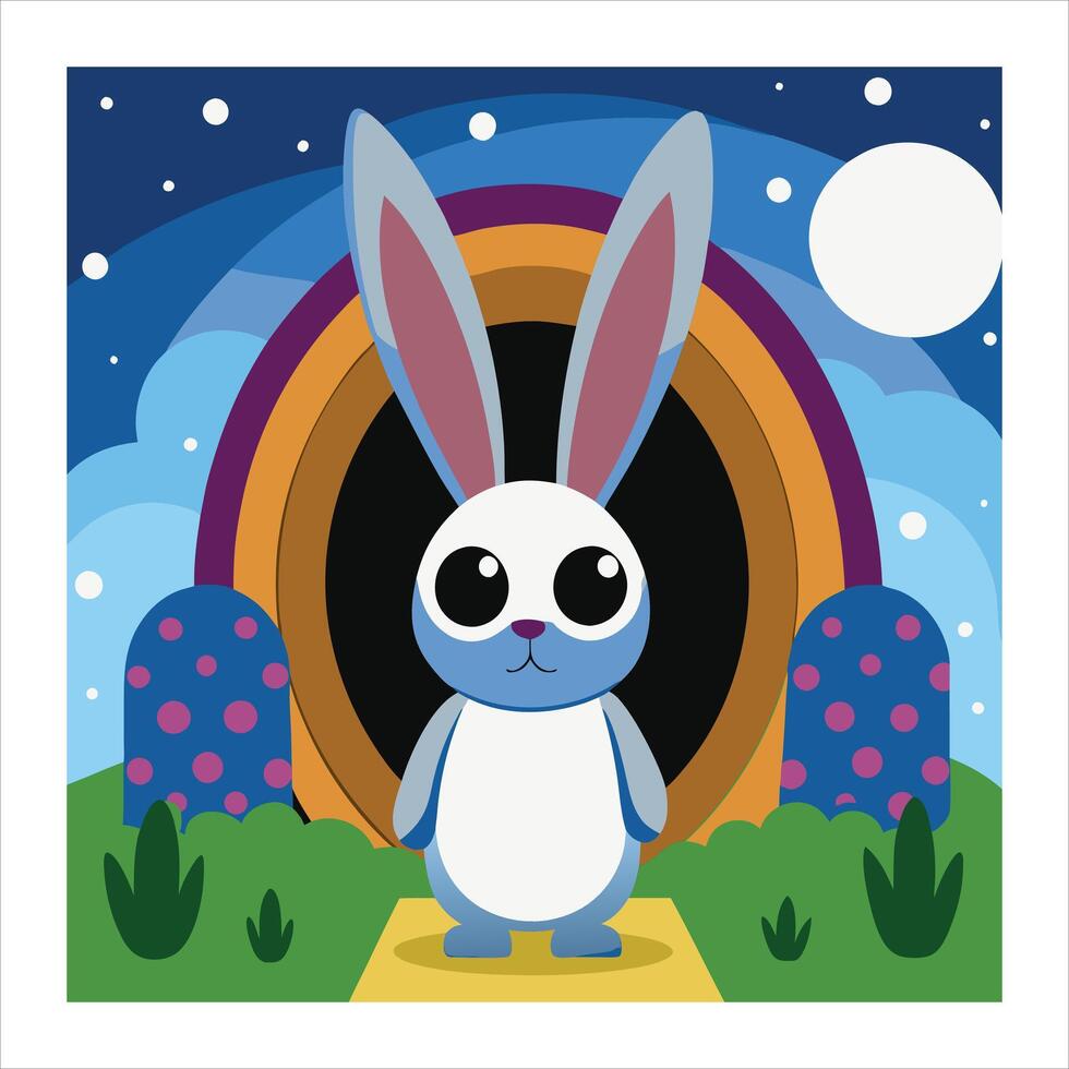An illustration of a bunny in front of a rainbow vector