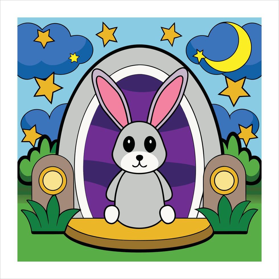 A cartoon rabbit sitting in a hole with stars and moon vector