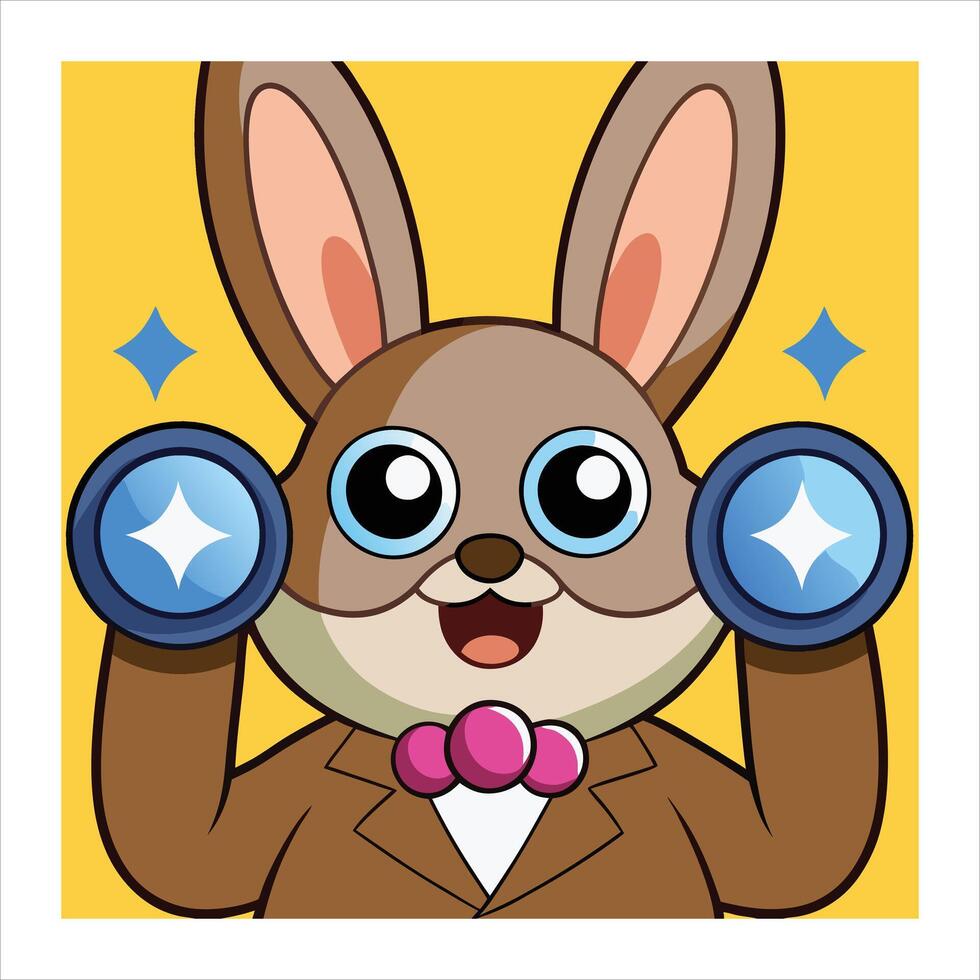 A cartoon rabbit wearing a suit and tie holding up two blue balls vector