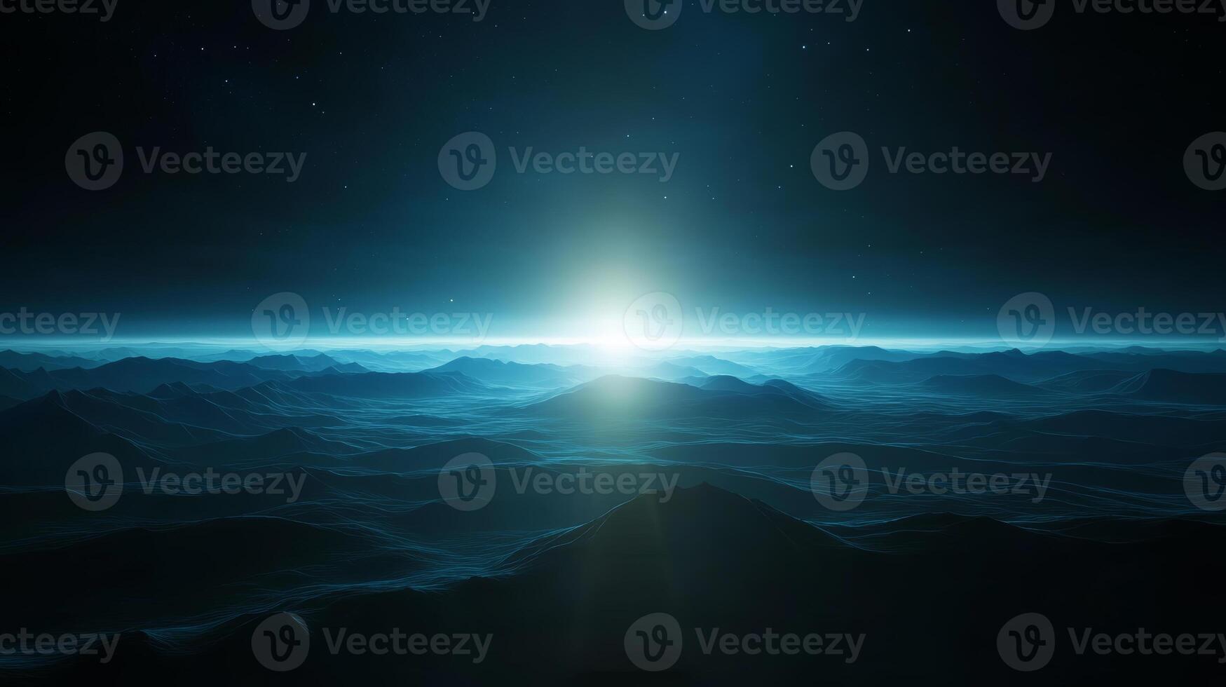 Vast tranquil landscape illuminated by a bright horizon in an expansive twilight sky over distant mountains photo