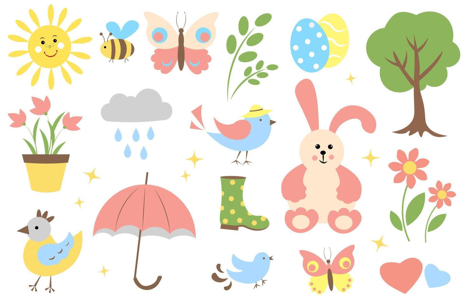 A spring set of cute, images. Bunny, sun, birds, flowers, umbrella, butterflies and bee vector