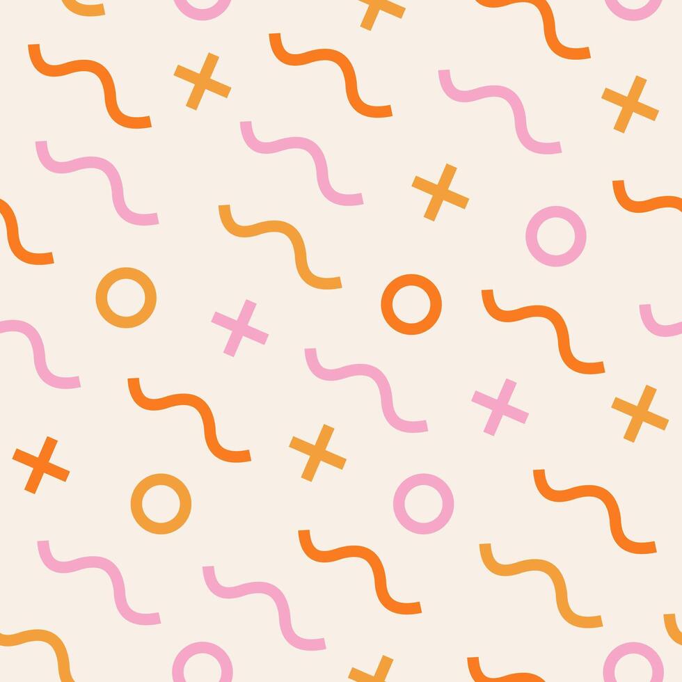 Fun and colorful seamless pattern in warm colors. Abstract art background in Memphis style. Wavy and swirled strokes. Curved lines. Simple and childish scribble pattern. vector