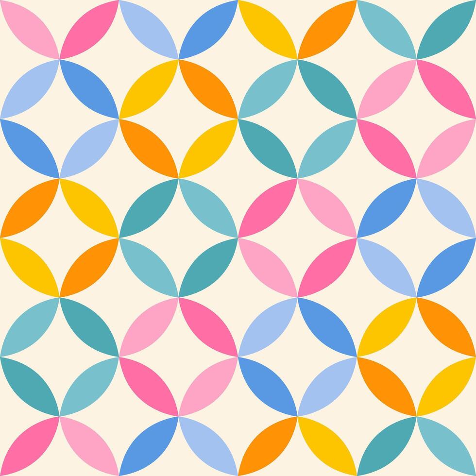 Wallpaper with seamless geometric circular pattern in retro 70s style. The design features circles with stars. Rainbow palette. vector