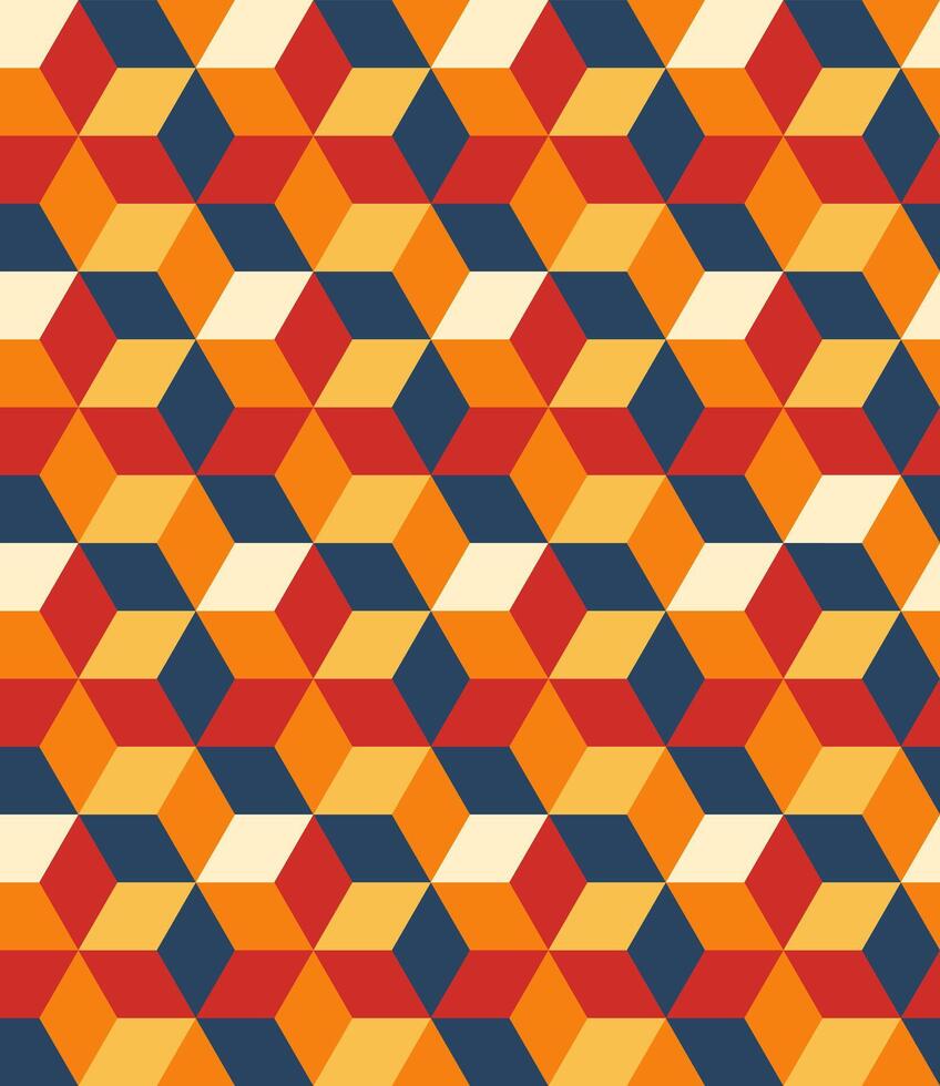 A seamless hexagonal network pattern, continuous background. It features an abstract honeycomb design in shades of blue, red, yellow, and orange. vector