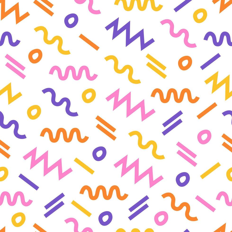 Fun and colorful seamless pattern. Abstract art background in Memphis style. Wavy and swirled strokes. Curved lines. Simple and childish scribble pattern. Design for gift cards, holidays, and web. vector