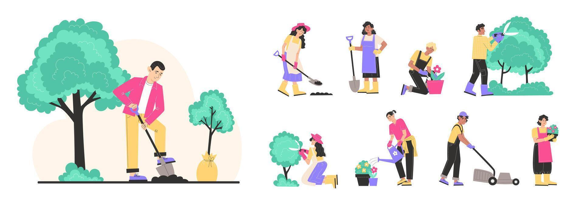 Set of characters working in the garden, including men and women trimming bushes, cutting grass, planting, digging, and watering vector