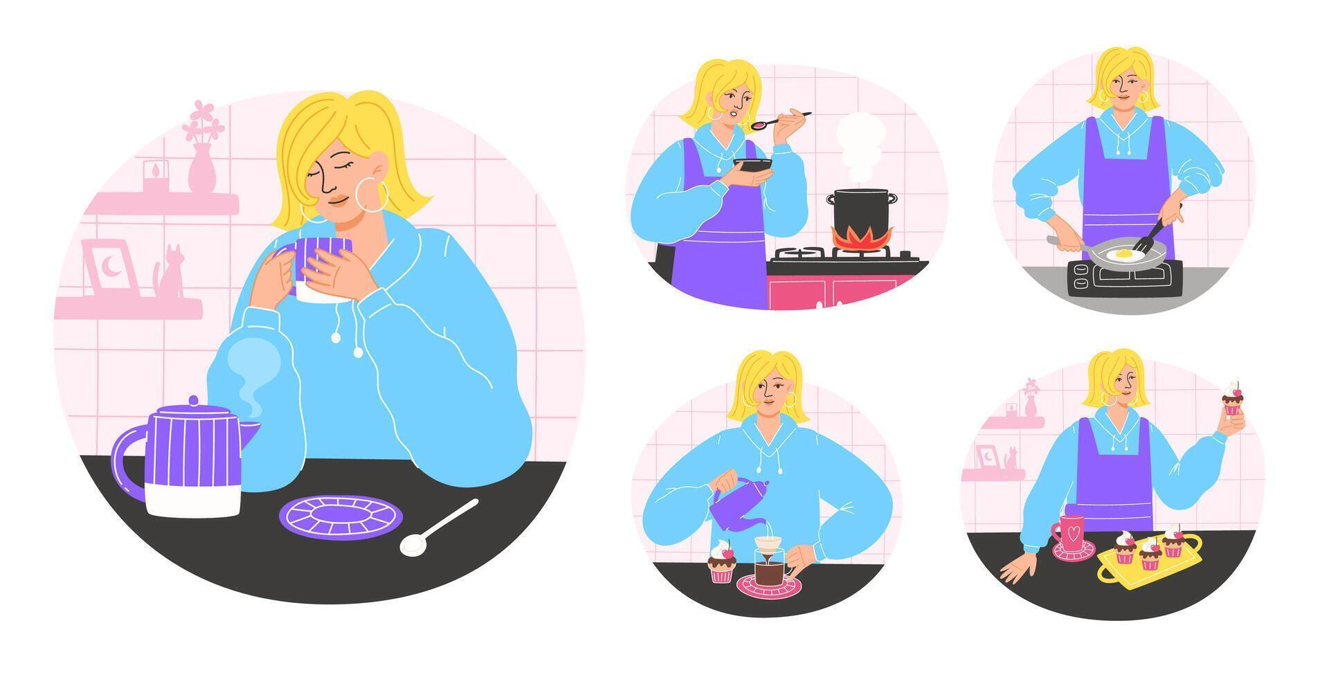 Woman Enjoying Home Cooking and Relaxing at Kitchen vector