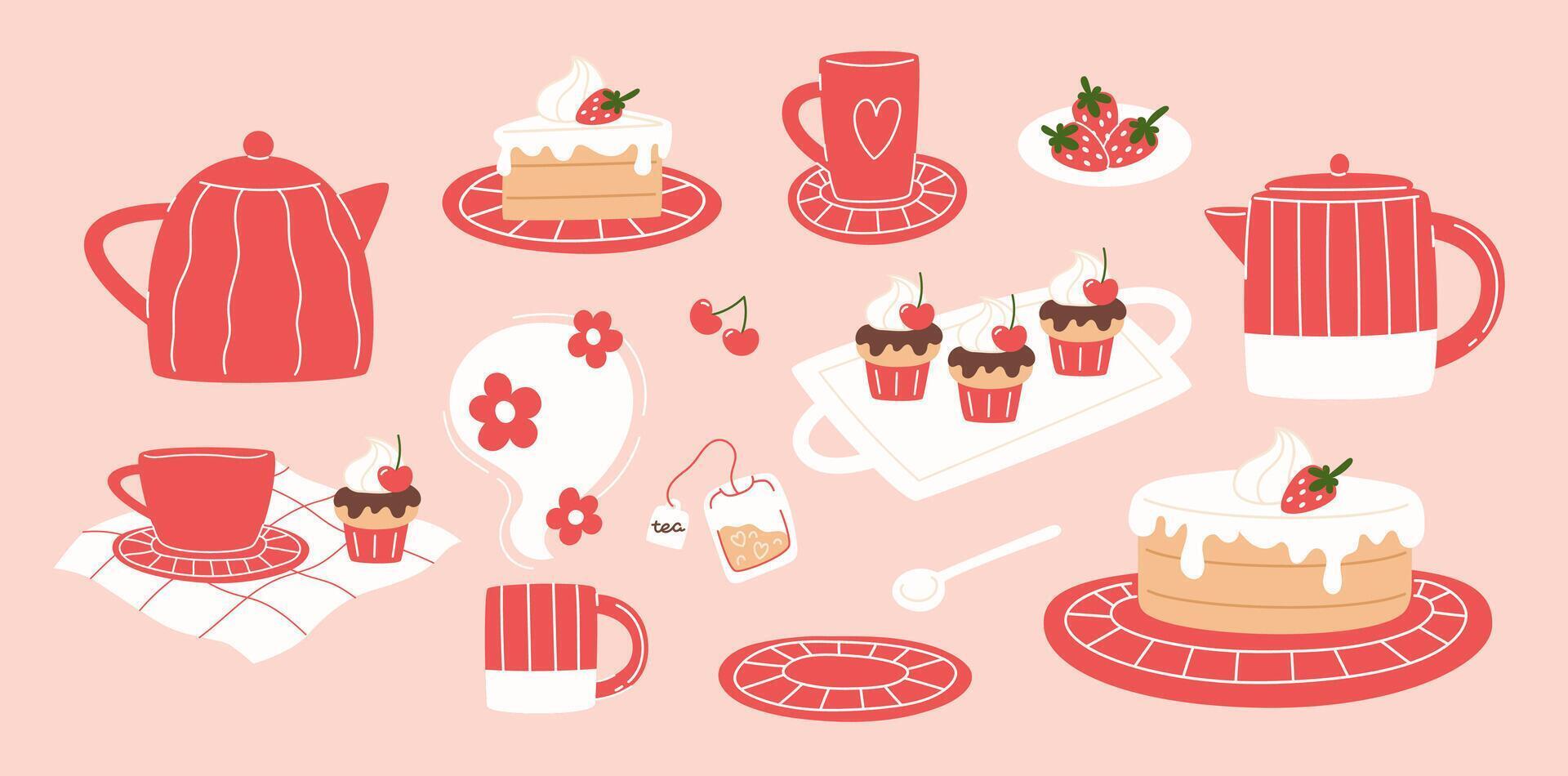 Modern set of tableware and sweets in flat style vector