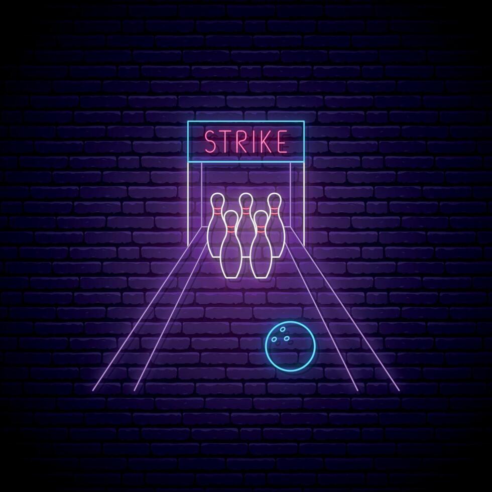Neon Bowling strike sign. Glowing skittles and ball in retro neon style. vector