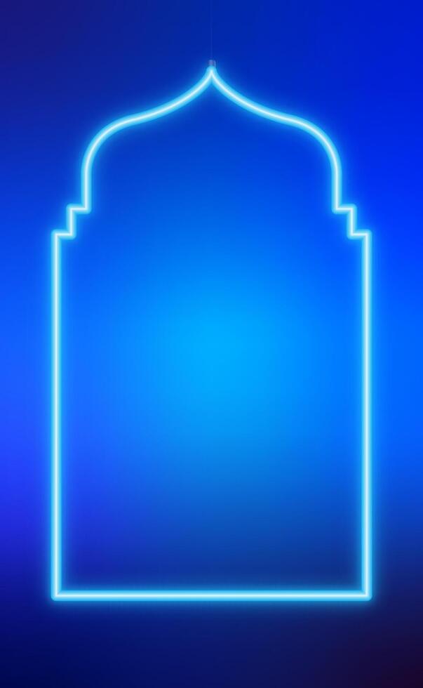 Blue mosque window frame in neon style. vector