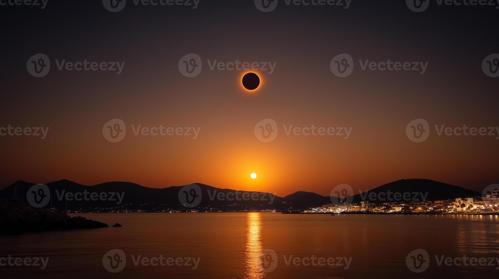 Stunning sunset and solar eclipse over tranquil waters with mountains in the background photo