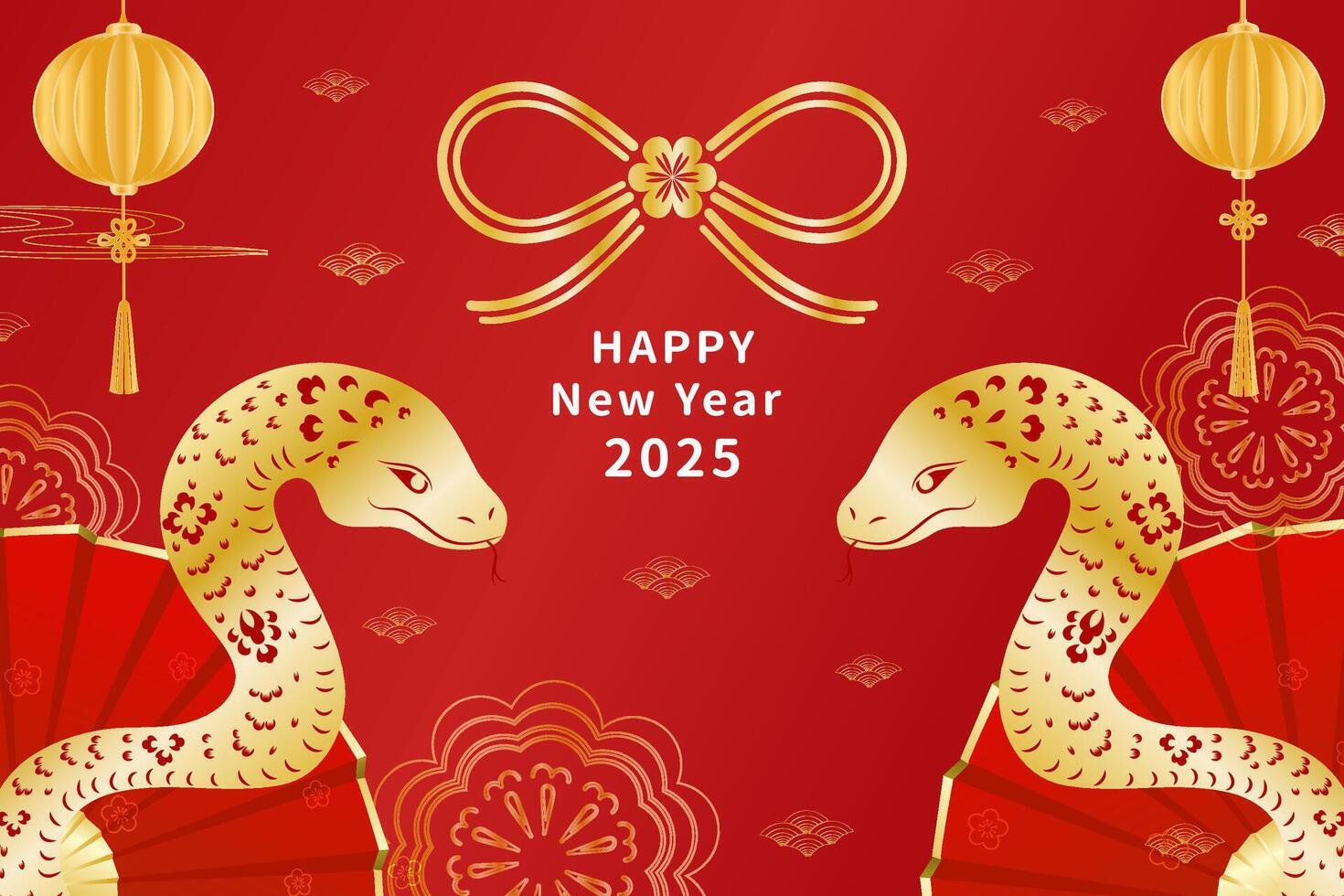Chinese new year of the Snake greeting card golden red snake traditional lantern and spiral cloud vector
