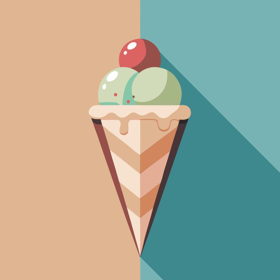 Delicious Waffle Cone with Three Colorful Scoops of Ice Cream vector