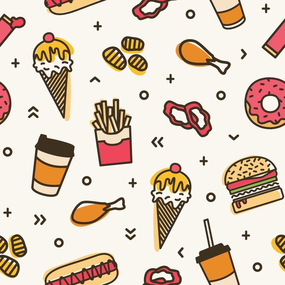 Modern seamless pattern with fast food. Colorful backdrop with various meals - ice cream, burger, donut, french fries, hot dog, fried chicken. illustration for wrapping paper, textile print vector