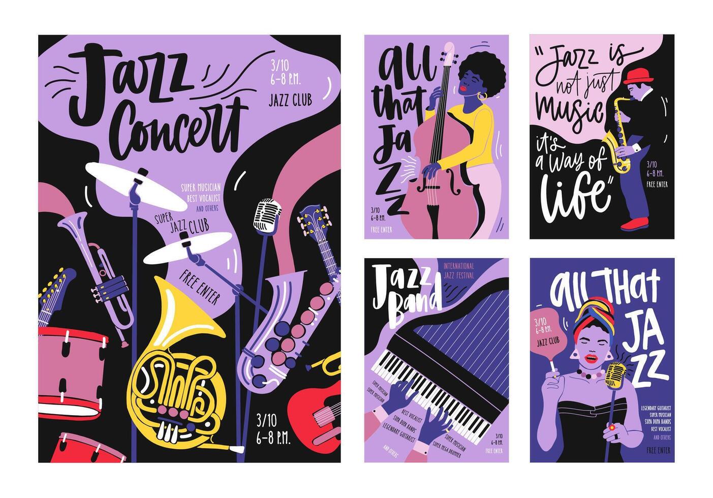 Bundle of poster, invitation and flyer templates for jazz music festival, concert, party with musical instruments, musicians and singers. illustration in modern trendy hand drawn cartoon style. vector
