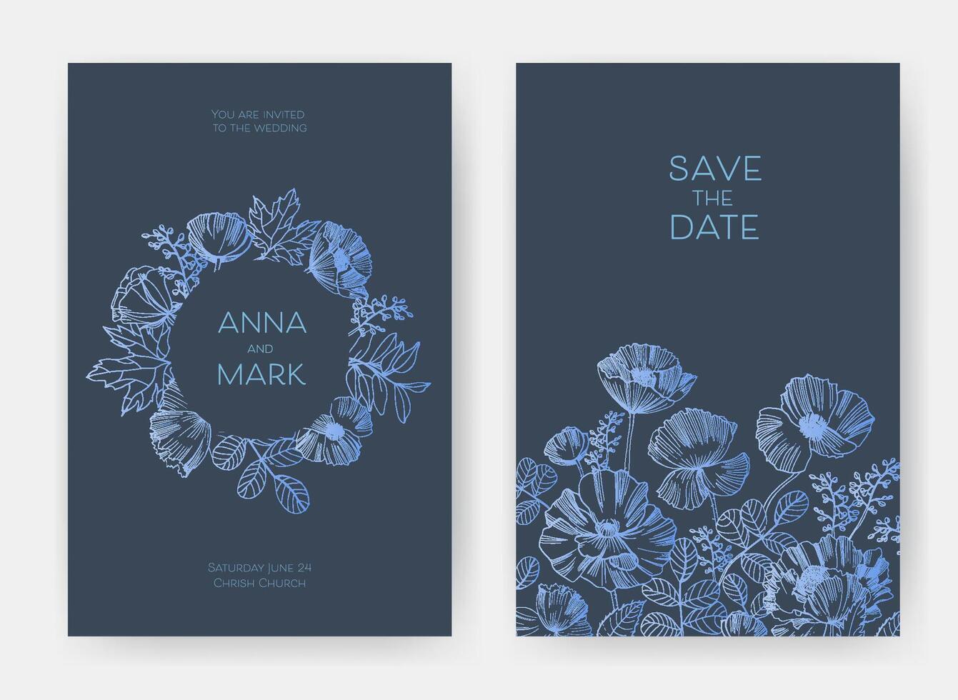 Collection of vertical floral invitation with gorgeous blooming rose flowers and leaves hand drawn with pink contour lines on dark background. Beautiful botanical illustration for advertisement vector