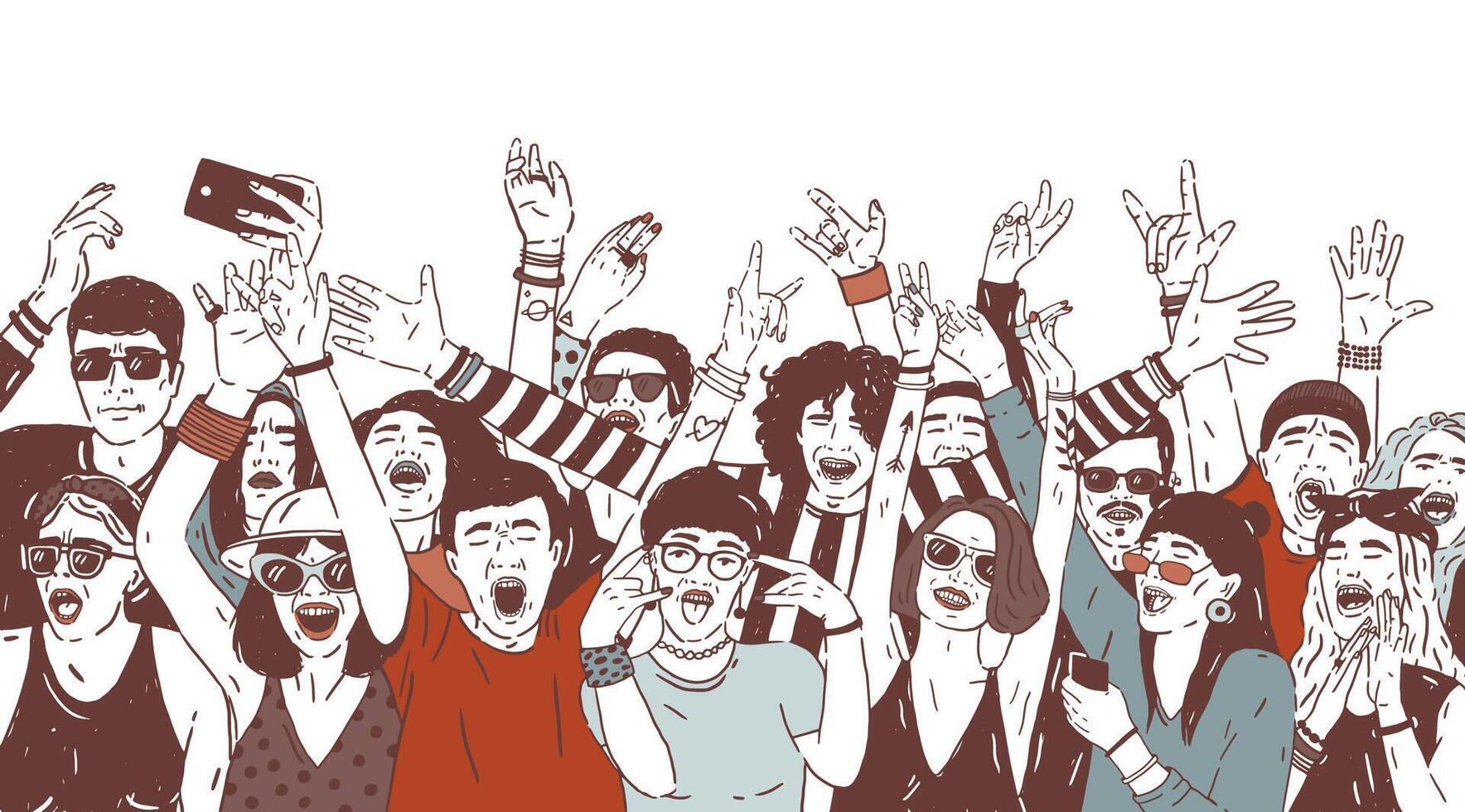 Crowd of happy people or music fans screaming, singing and dancing with raised hands. Excited spectators or audience of summer open air festival. Colored hand drawn realistic illustration vector
