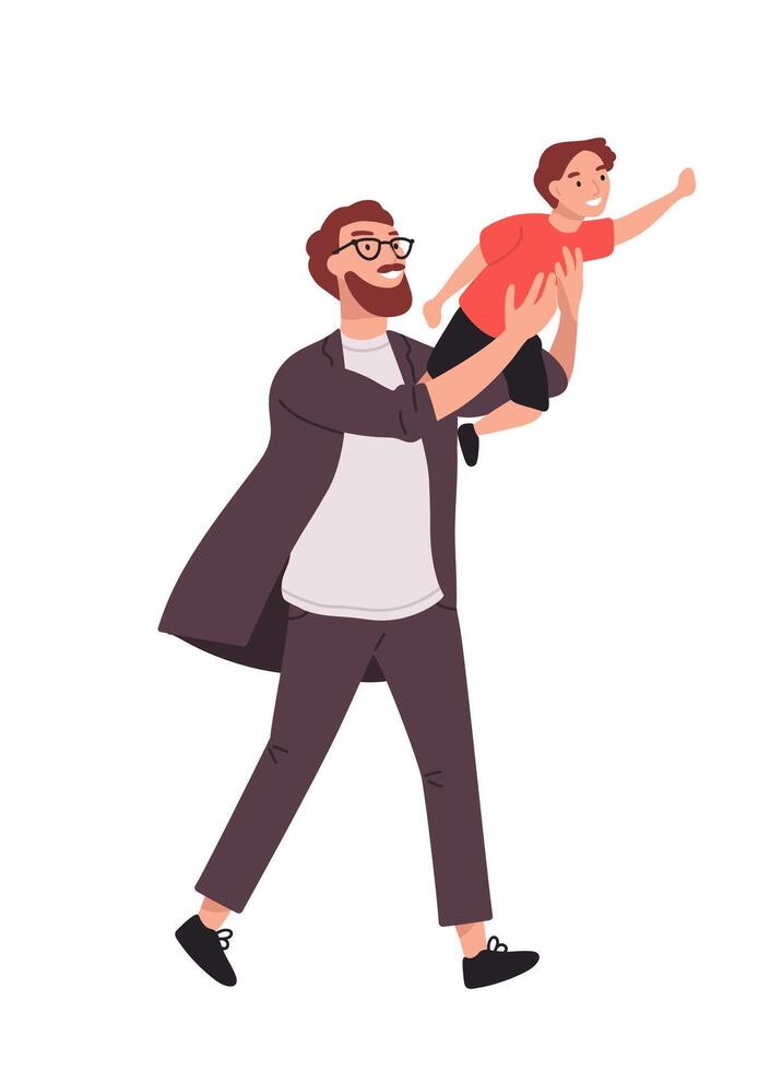 Bearded man carrying young boy. Smiling dad holding son. Joyful father playing with his little kid. Happy family. Cute cartoon characters isolated on white background. Colorful illustration vector