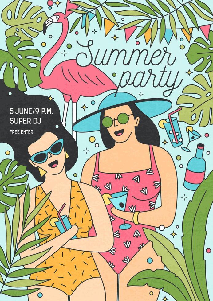 Summer party invitation template with happy women in swimsuits and sunglasses drinking exotic cocktails and laughing. illustration for seasonal open air event advertisement, announcement vector