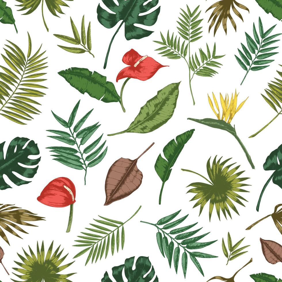 Gorgeous botanical seamless pattern with tropical foliage. Backdrop with leaves of jungle plants and exotic palm branches. Natural realistic illustration for textile print, wrapping paper. vector