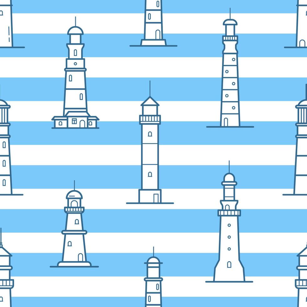 Seamless pattern with different lighthouses drawn with contour lines on striped background. Backdrop with towers for marine navigation. illustration for wrapping paper, fabric print, wallpaper vector