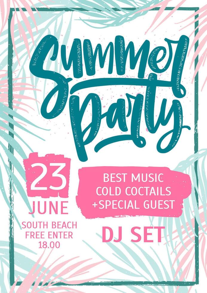 Summer dance party invitation, flyer or poster template with lettering written against colorful tropical palm tree leaves on background. illustration for seasonal outdoor event announcement. vector