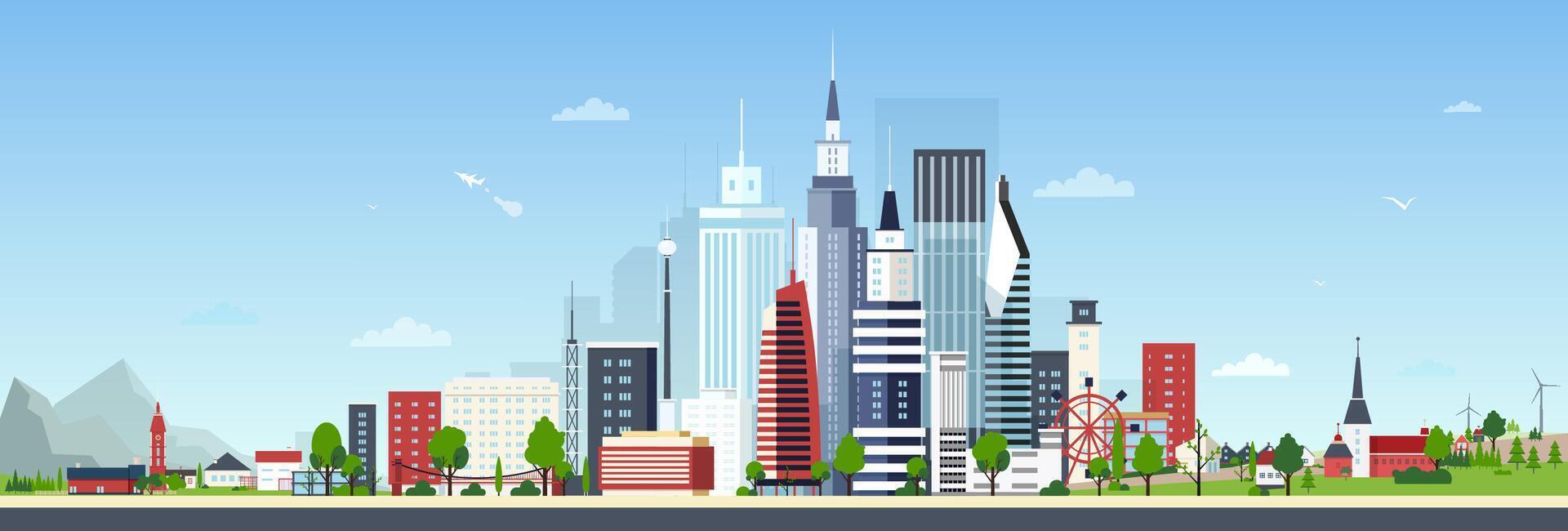 Urban landscape with modern down town or city center and small private residential houses against blue sky on background. Beautiful cityscape. Colorful illustration in flat cartoon style vector