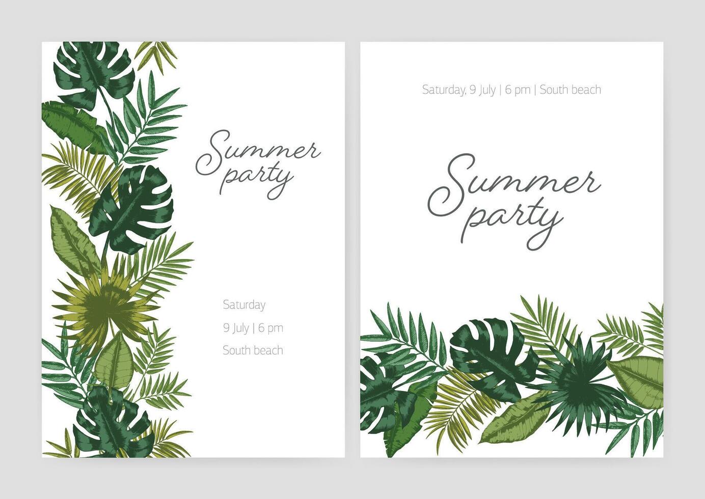 Set of summer party invitation, poster, flyer templates with borders made of green foliage of tropical plants and exotic palm tree leaves on white background and place for text. illustration. vector