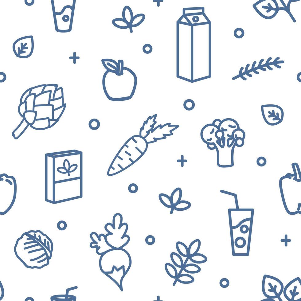 Monochrome seamless pattern with vegetables and healthy products drawn with contour lines on white background. Backdrop with organic wholesome food, nutrition. illustration in lineart style vector