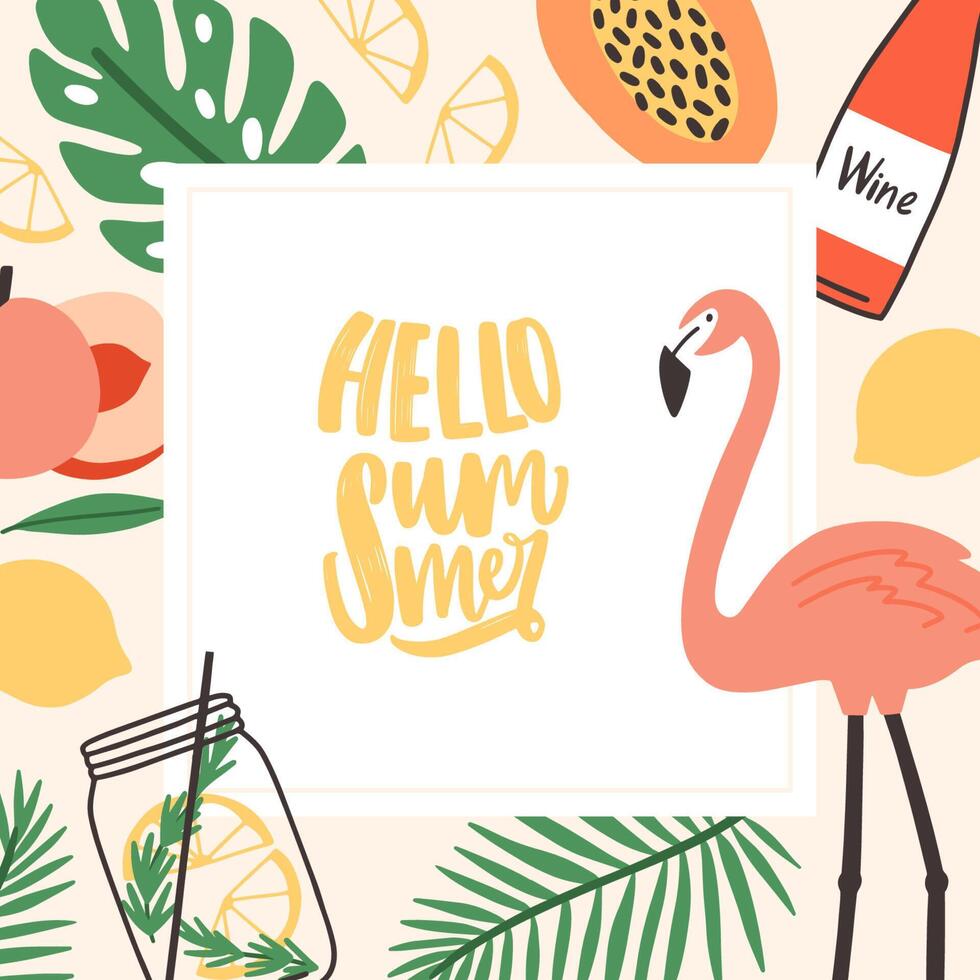 Square seasonal card template with Hello Summer lettering written with cursive font and decorated by foliage of jungle palm trees, exotic fruits, pink flamingo, tropical cocktail. illustration vector