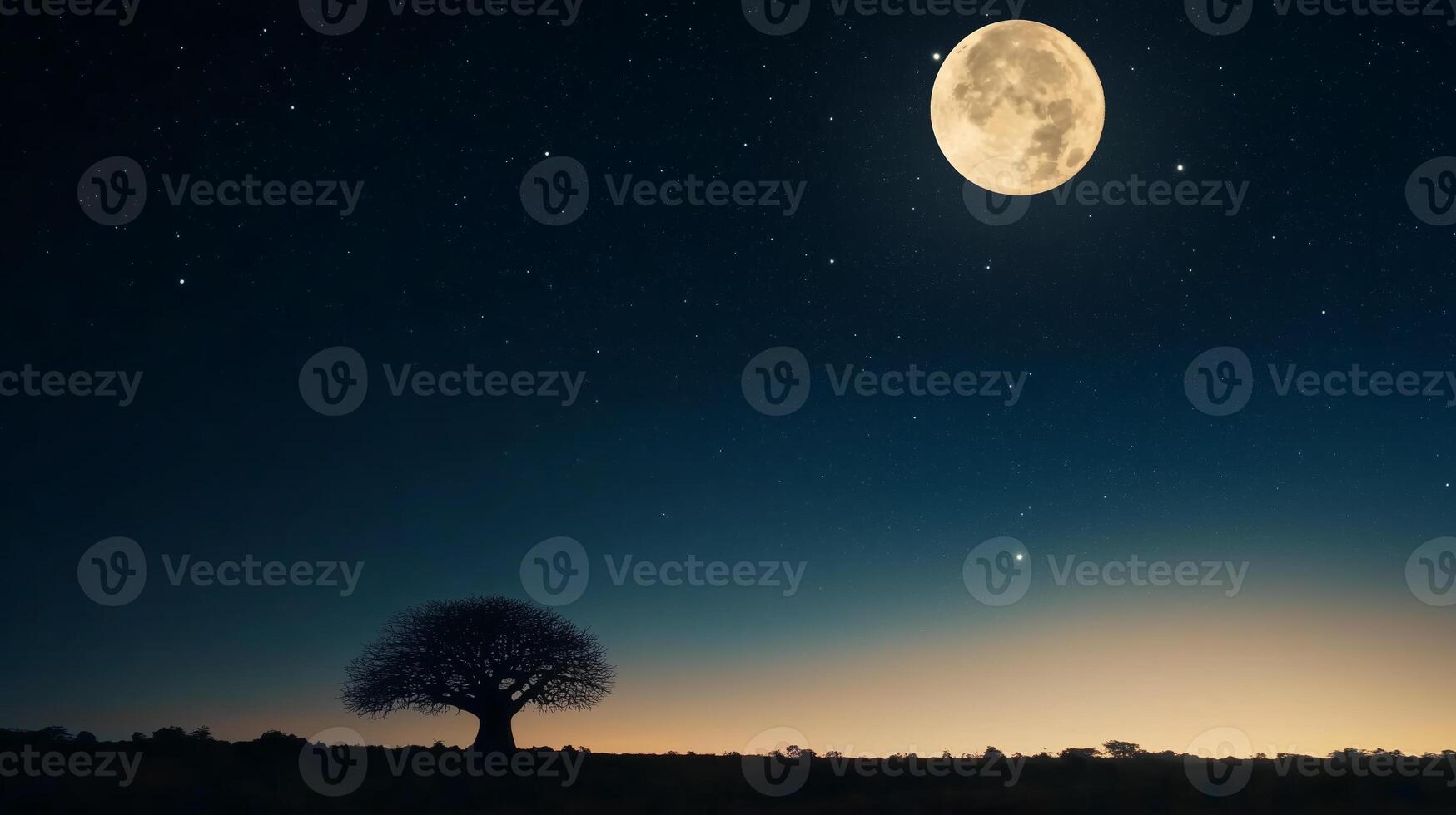 Full moon shines brightly over a tranquil landscape with a solitary tree at night in a serene environment photo