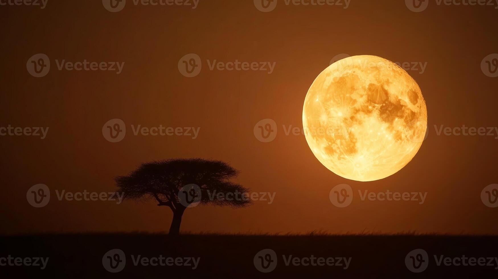 Majestic full moon rises over a solitary tree in a serene landscape at dusk photo