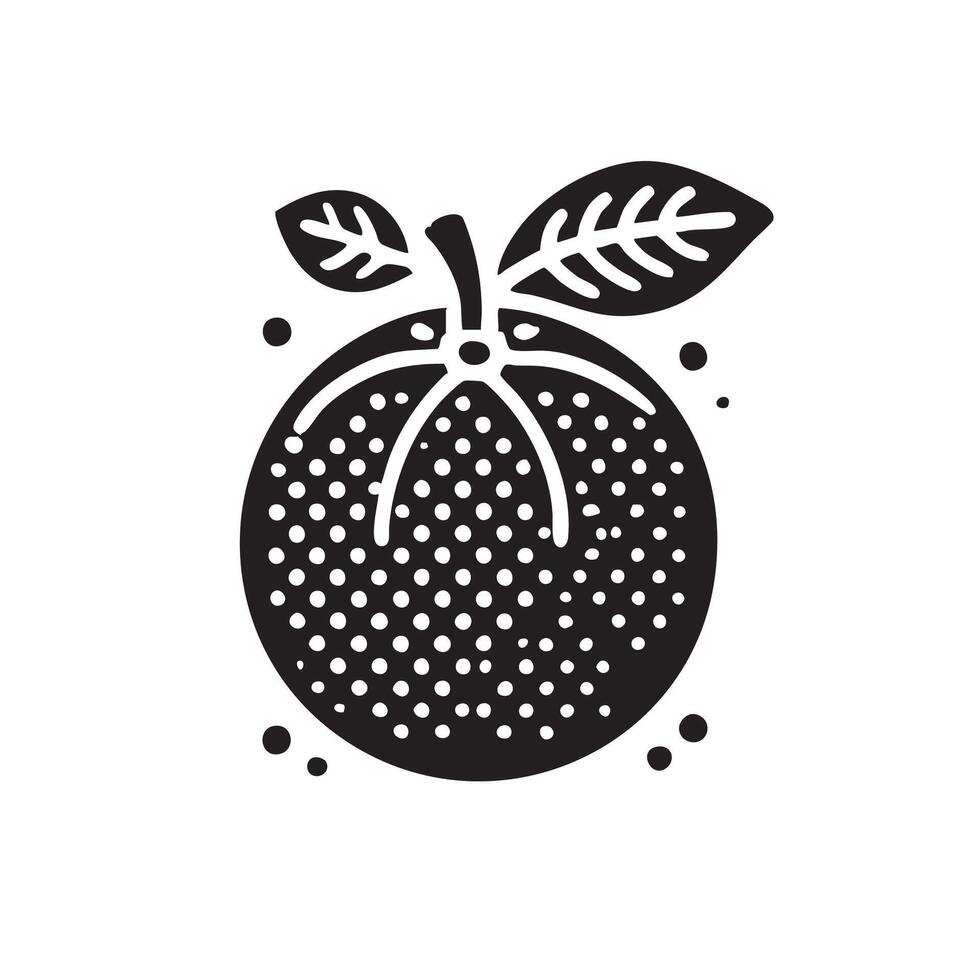 An orange with a leaf on it is shown in a black and white illustration vector