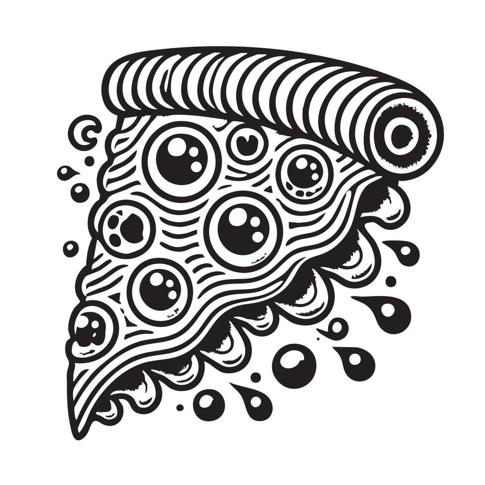 A black and white drawing of a slice of pizza vector