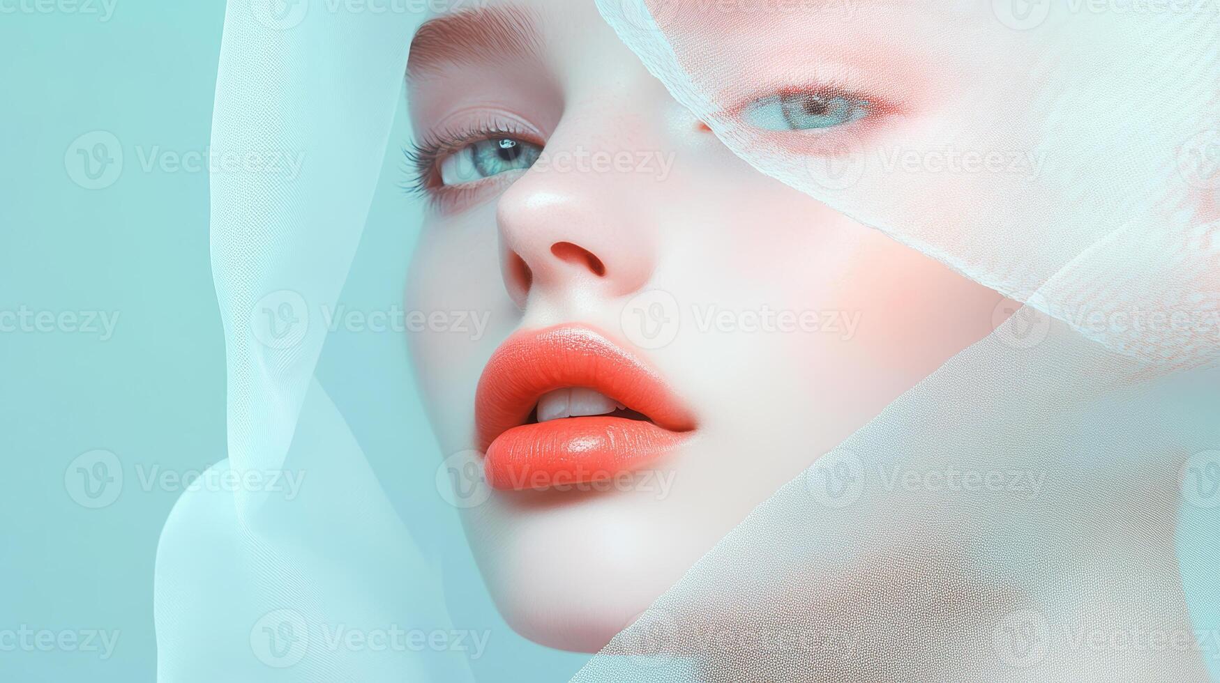 Close-up of a woman's face with soft features and vibrant makeup showcasing a serene expression against a light background photo