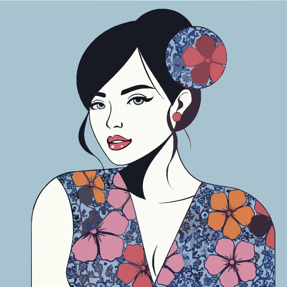 Vibrant Floral Portrait of a Woman in Stylish Dress Design vector