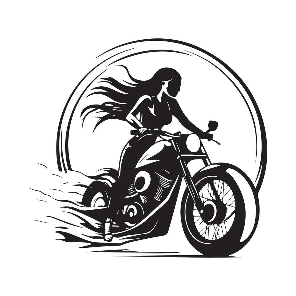 Black and white Woman Riding a Motorcycle with Hair Flowing in the Wind vector