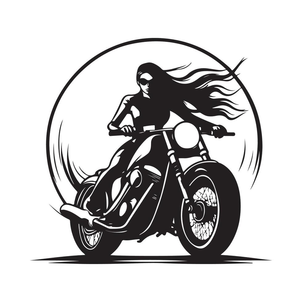 Silhouette of a Woman Riding a Motorcycle with Hair Flowing in the Wind vector